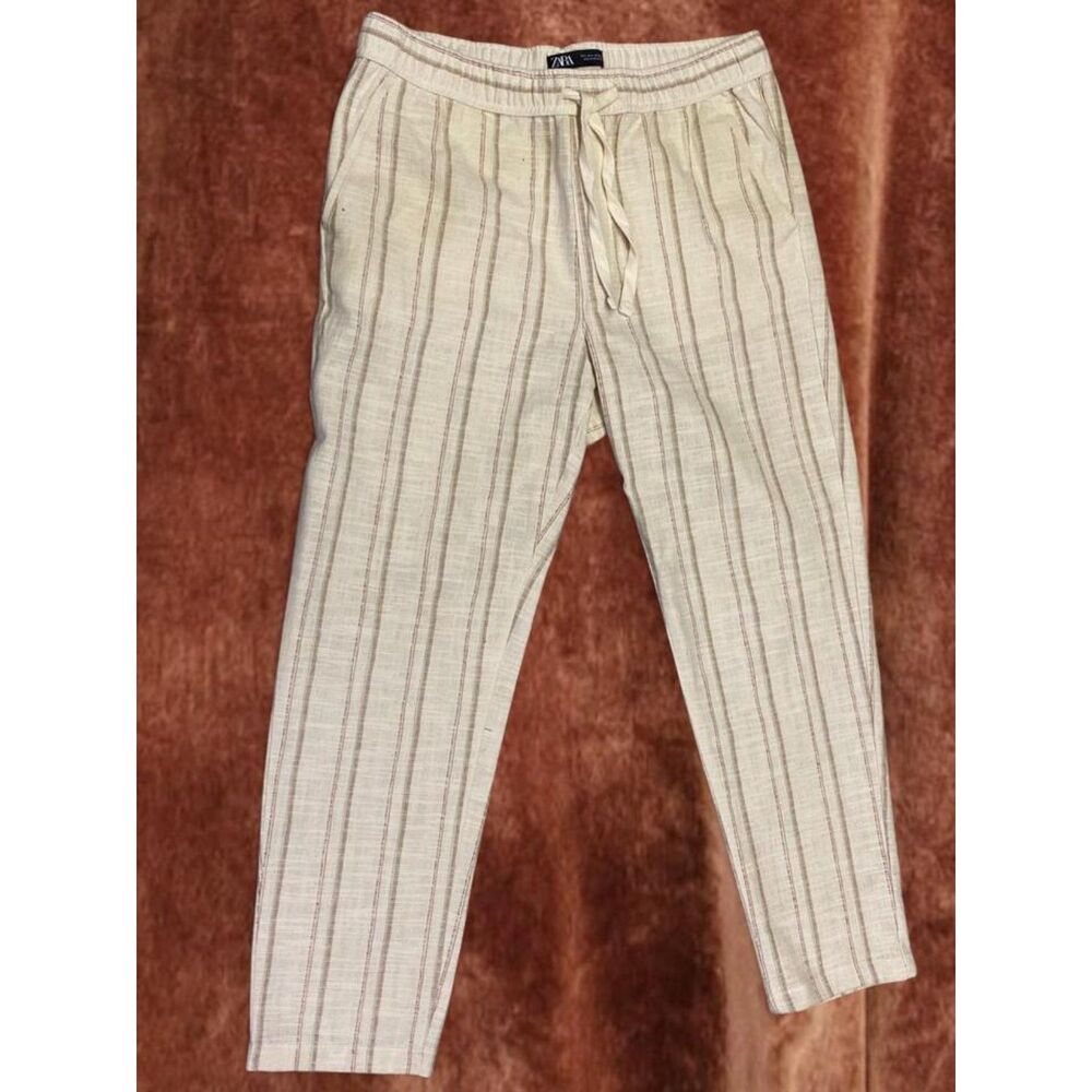 Zara Cotton Linen European Summer Office Work Career Striped Trouser Pants